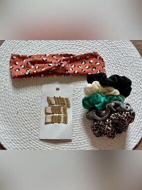 H&M Gold Bobby Pins + Velvet Scrunchie Lot of 5 + Leopard Twist Headband Bundle
